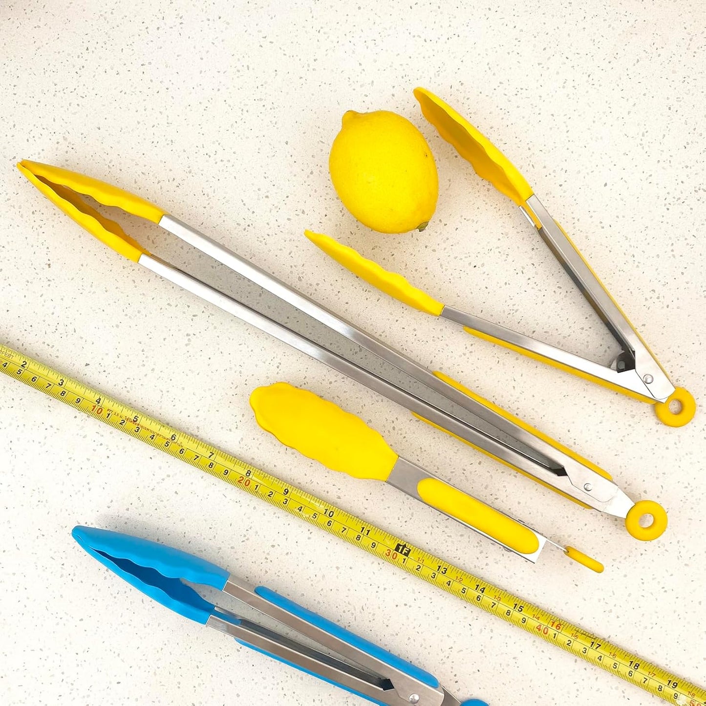 3 pcs Barbecue Tongs Set with Silicone Heads (18''/ 11''/ 9''), Yellow, SUS430 Stainless Steel, Suitable for non-stick Cookware, with Extra Long Handle, for Kitchen, Buffet, Baking