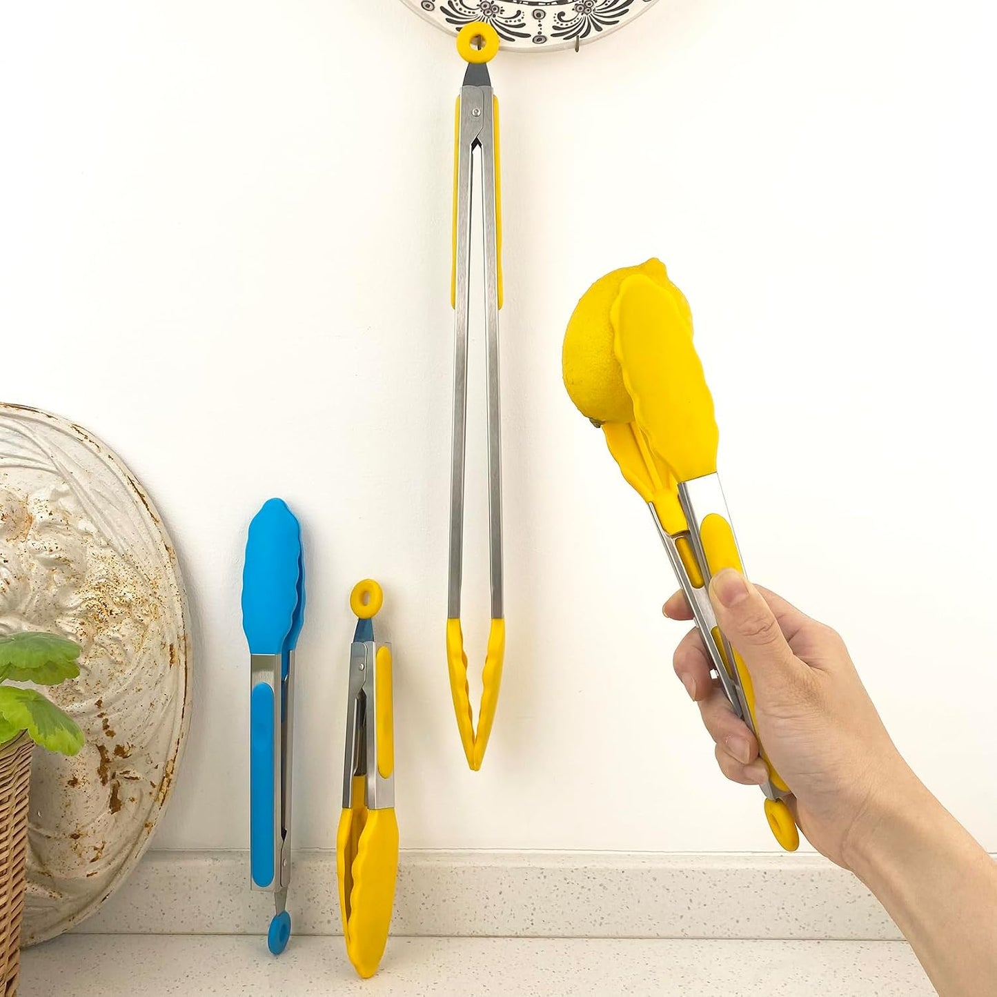3 pcs Barbecue Tongs Set with Silicone Heads (18''/ 11''/ 9''), Yellow, SUS430 Stainless Steel, Suitable for non-stick Cookware, with Extra Long Handle, for Kitchen, Buffet, Baking