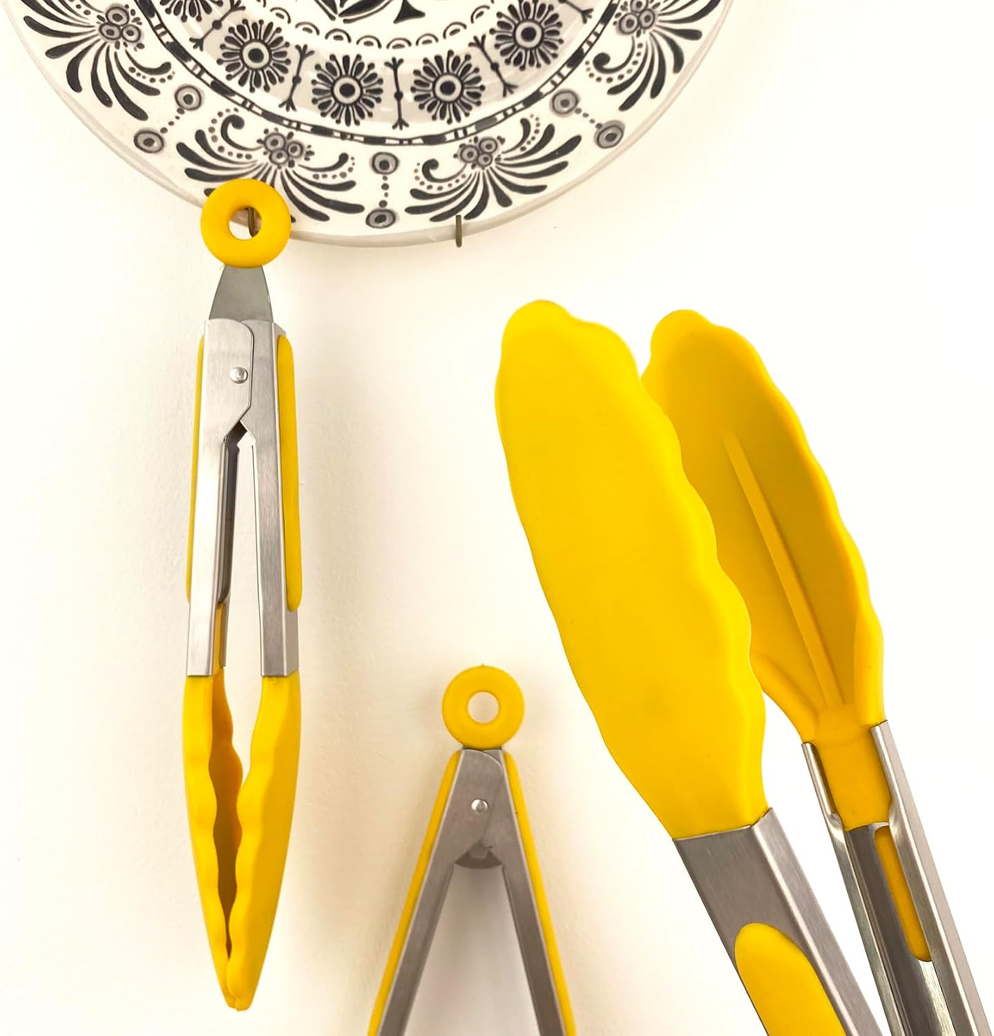 3 pcs Barbecue Tongs Set with Silicone Heads (18''/ 11''/ 9''), Yellow, SUS430 Stainless Steel, Suitable for non-stick Cookware, with Extra Long Handle, for Kitchen, Buffet, Baking