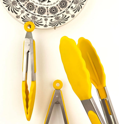 3 pcs Barbecue Tongs Set with Silicone Heads (18''/ 11''/ 9''), Yellow, SUS430 Stainless Steel, Suitable for non-stick Cookware, with Extra Long Handle, for Kitchen, Buffet, Baking