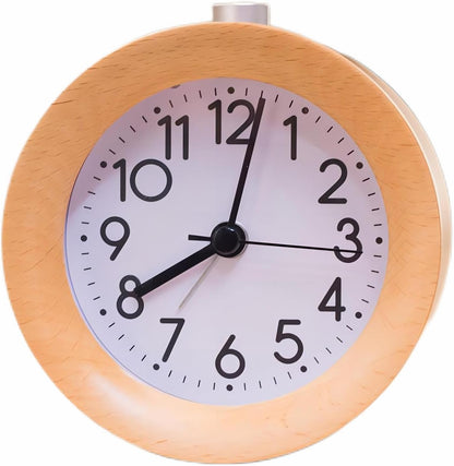 Analog Wood Alarm Clock Round Silent Night Light Battery Operated | Non Ticking with Arabic Numerals Snooze for Desktop Bedroom Bedside Yellow