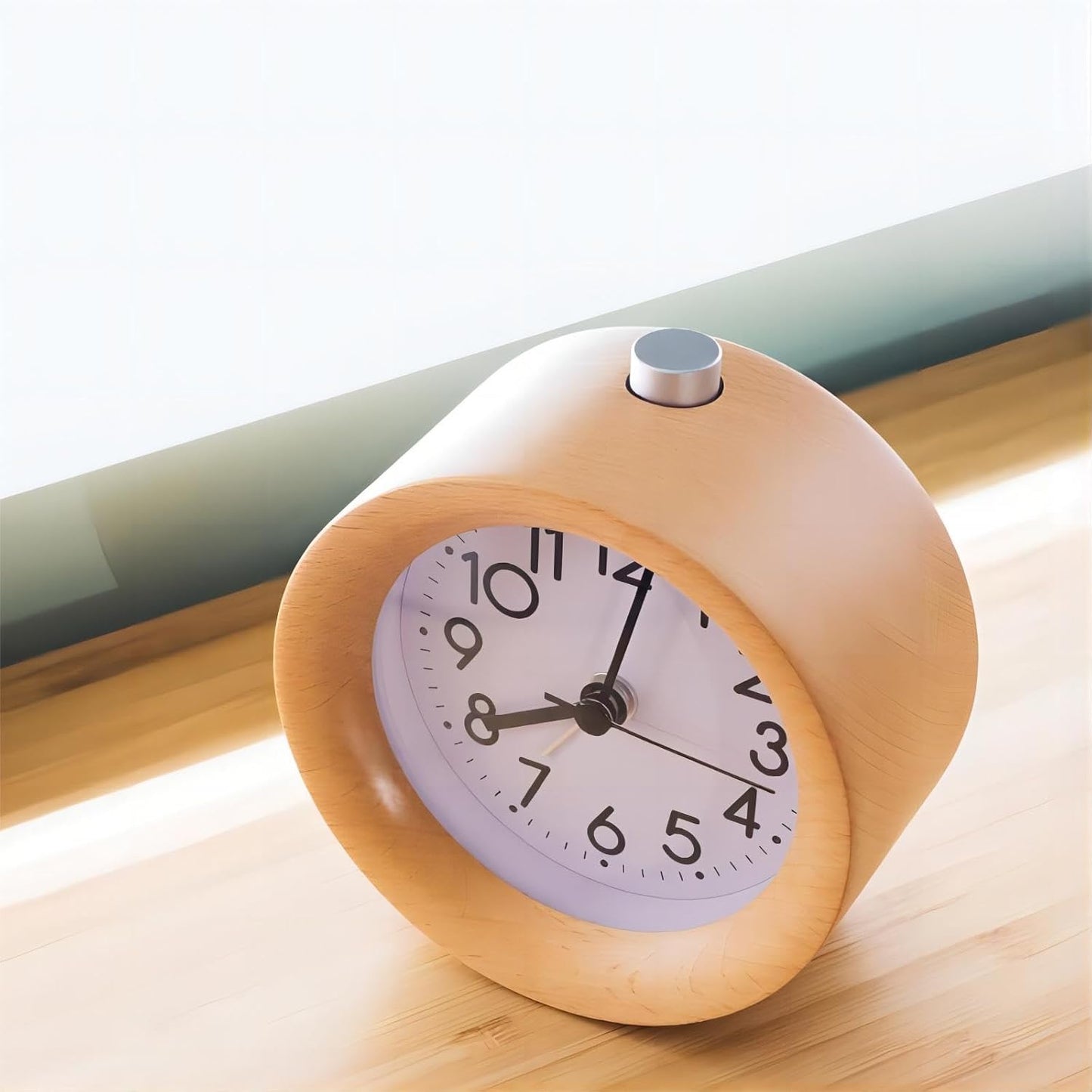 Analog Wood Alarm Clock Round Silent Night Light Battery Operated | Non Ticking with Arabic Numerals Snooze for Desktop Bedroom Bedside Yellow