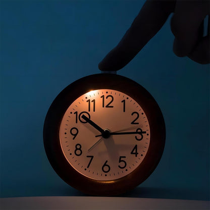Analog Wood Alarm Clock Round Silent Night Light Battery Operated | Non Ticking with Arabic Numerals Snooze for Desktop Bedroom Bedside Yellow