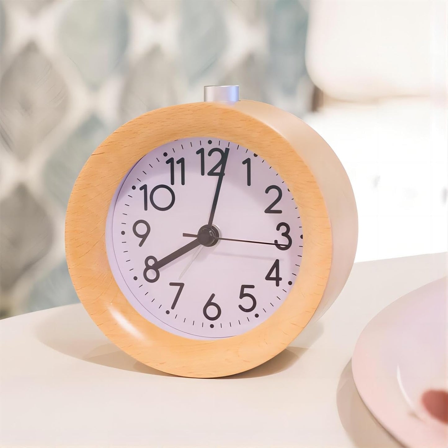 Analog Wood Alarm Clock Round Silent Night Light Battery Operated | Non Ticking with Arabic Numerals Snooze for Desktop Bedroom Bedside Yellow