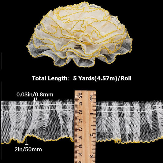 2 Inch Pleated Lace Trim Ruffle Sewing Ribbons White Backgroud Yellow Ruffled Gathered Edges Fabric Ribbon Retro Organza Ruffle Polyester Trims for Sewing Making Clothing Wedding Dresses Diy