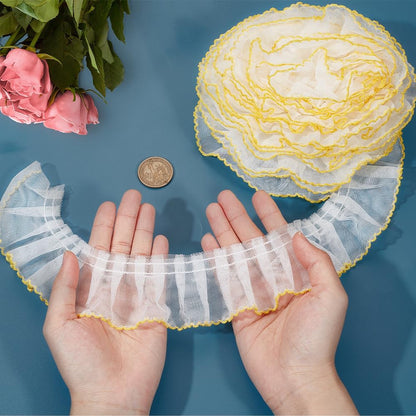 2 Inch Pleated Lace Trim Ruffle Sewing Ribbons White Backgroud Yellow Ruffled Gathered Edges Fabric Ribbon Retro Organza Ruffle Polyester Trims for Sewing Making Clothing Wedding Dresses Diy