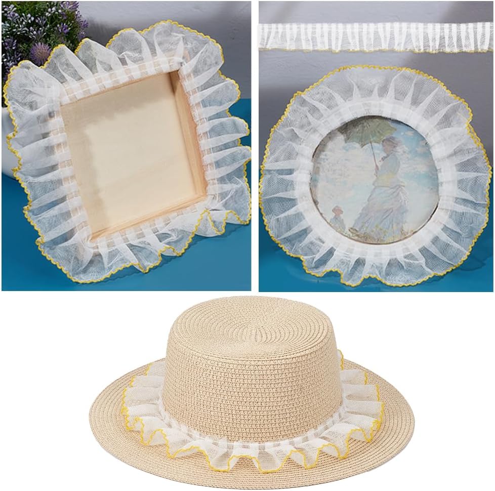 2 Inch Pleated Lace Trim Ruffle Sewing Ribbons White Backgroud Yellow Ruffled Gathered Edges Fabric Ribbon Retro Organza Ruffle Polyester Trims for Sewing Making Clothing Wedding Dresses Diy
