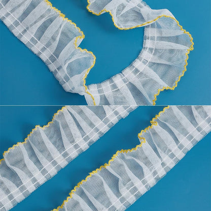2 Inch Pleated Lace Trim Ruffle Sewing Ribbons White Backgroud Yellow Ruffled Gathered Edges Fabric Ribbon Retro Organza Ruffle Polyester Trims for Sewing Making Clothing Wedding Dresses Diy