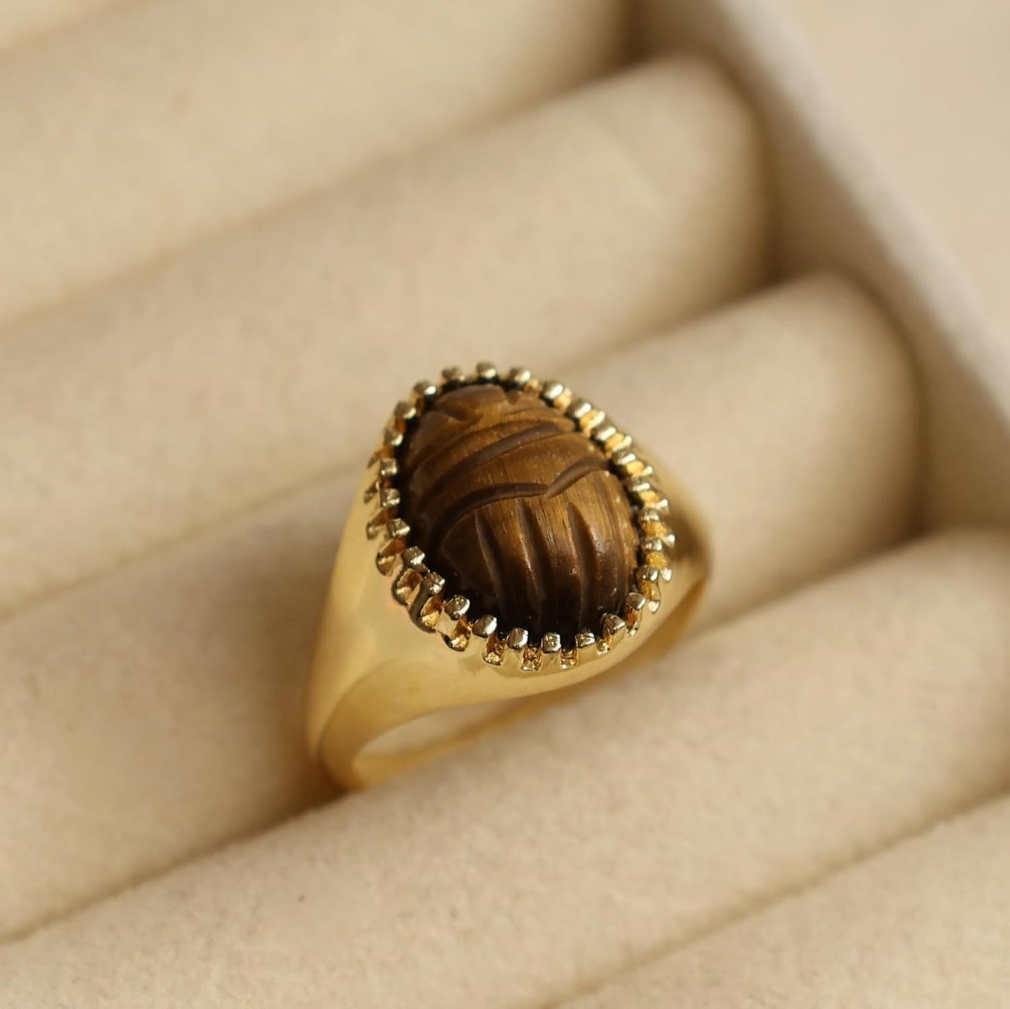 Scarab Beetle Carved Gemstone Rings Available in Size US 6 TO 9, Hypoallergic, Non-Tarnish 14k Yellow Gold Plated