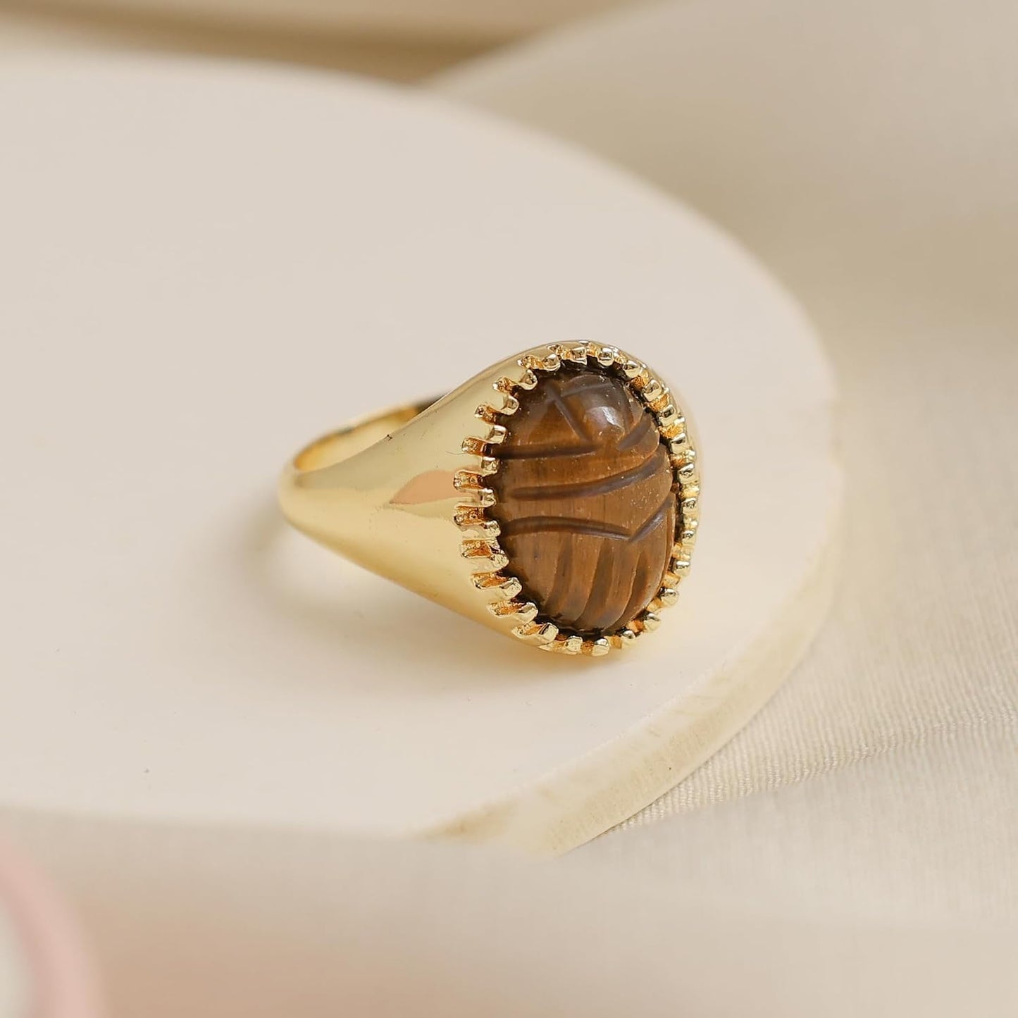 Scarab Beetle Carved Gemstone Rings Available in Size US 6 TO 9, Hypoallergic, Non-Tarnish 14k Yellow Gold Plated
