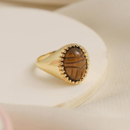 Scarab Beetle Carved Gemstone Rings Available in Size US 6 TO 9, Hypoallergic, Non-Tarnish 14k Yellow Gold Plated