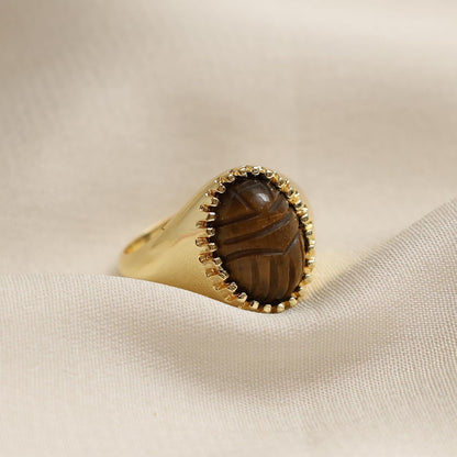 Scarab Beetle Carved Gemstone Rings Available in Size US 6 TO 9, Hypoallergic, Non-Tarnish 14k Yellow Gold Plated