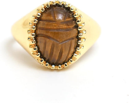 Scarab Beetle Carved Gemstone Rings Available in Size US 6 TO 9, Hypoallergic, Non-Tarnish 14k Yellow Gold Plated