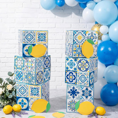 6 Pcs Large Amalfi Coast Party Decoration Boxes, 12" Cardboard Boxes with Capri Lemon Cards, Table Centerpieces for Birthday, Baby Shower, Wedding Summer Party Decor