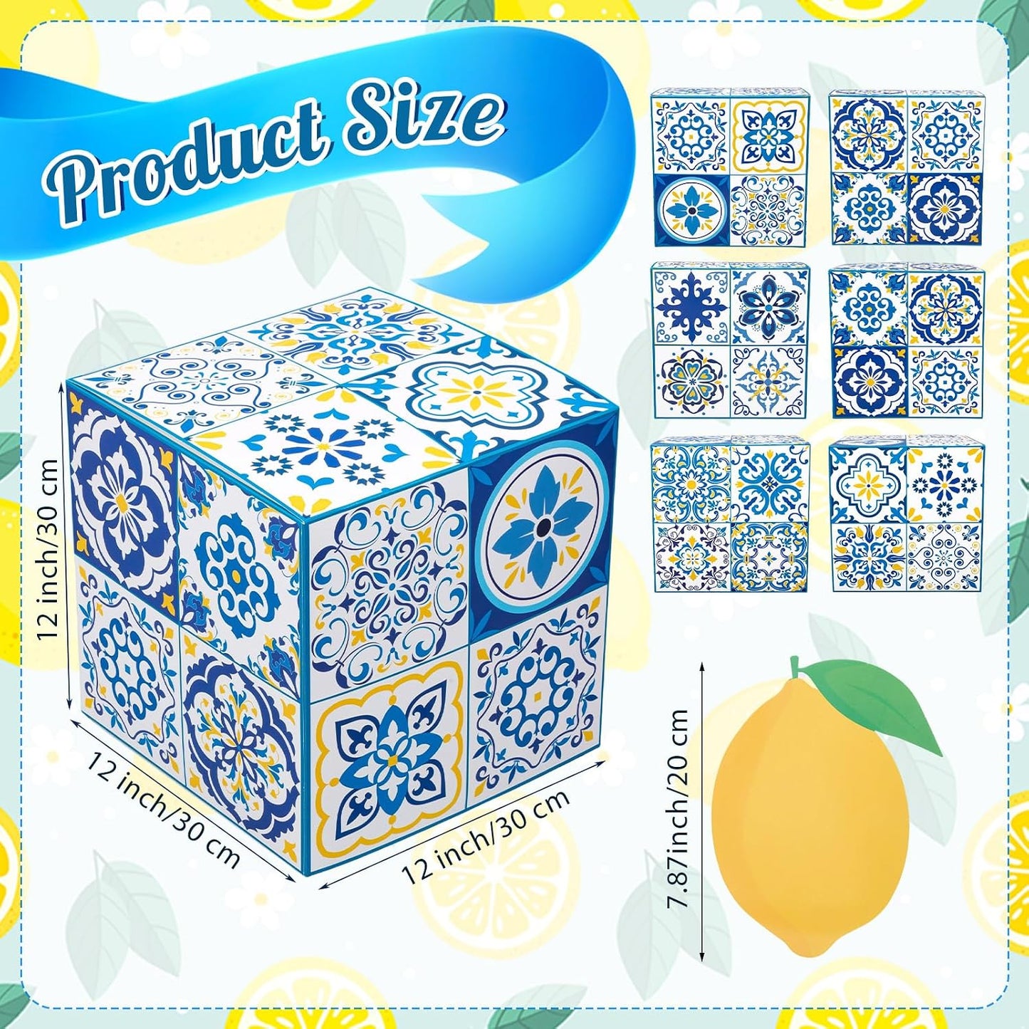 6 Pcs Large Amalfi Coast Party Decoration Boxes, 12" Cardboard Boxes with Capri Lemon Cards, Table Centerpieces for Birthday, Baby Shower, Wedding Summer Party Decor