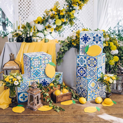 6 Pcs Large Amalfi Coast Party Decoration Boxes, 12" Cardboard Boxes with Capri Lemon Cards, Table Centerpieces for Birthday, Baby Shower, Wedding Summer Party Decor