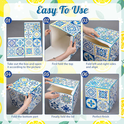 6 Pcs Large Amalfi Coast Party Decoration Boxes, 12" Cardboard Boxes with Capri Lemon Cards, Table Centerpieces for Birthday, Baby Shower, Wedding Summer Party Decor