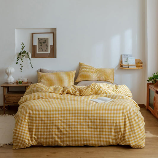 Yellow Gingham Comforter Set Full, Plaid Comforter Set 3 Pieces 1 Yellow Grid Comfoter with 2 Pillow Cases for All Seasons, Soft Fluffy Modern Grid Pattern Printed Bedding-Full Size