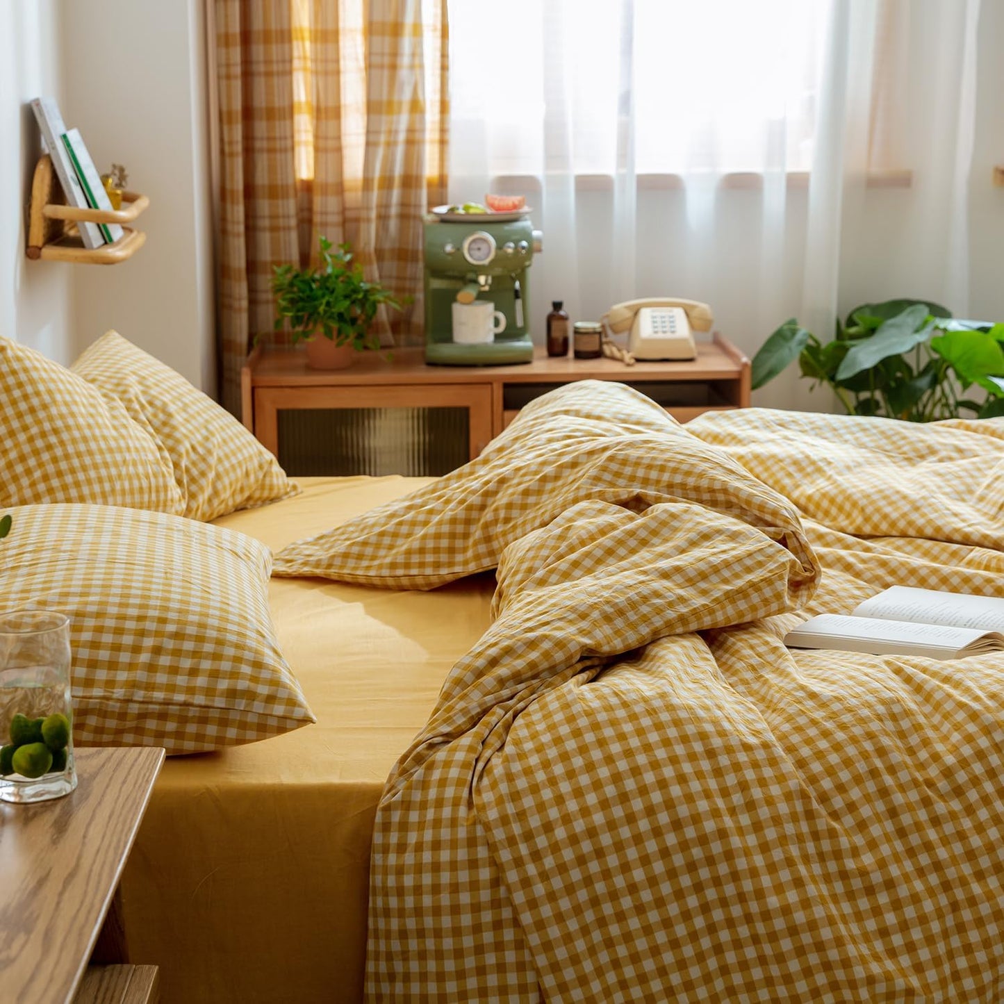 Yellow Gingham Comforter Set Full, Plaid Comforter Set 3 Pieces 1 Yellow Grid Comfoter with 2 Pillow Cases for All Seasons, Soft Fluffy Modern Grid Pattern Printed Bedding-Full Size