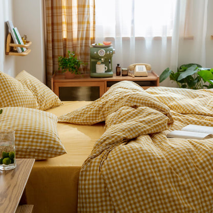 Yellow Gingham Comforter Set Full, Plaid Comforter Set 3 Pieces 1 Yellow Grid Comfoter with 2 Pillow Cases for All Seasons, Soft Fluffy Modern Grid Pattern Printed Bedding-Full Size