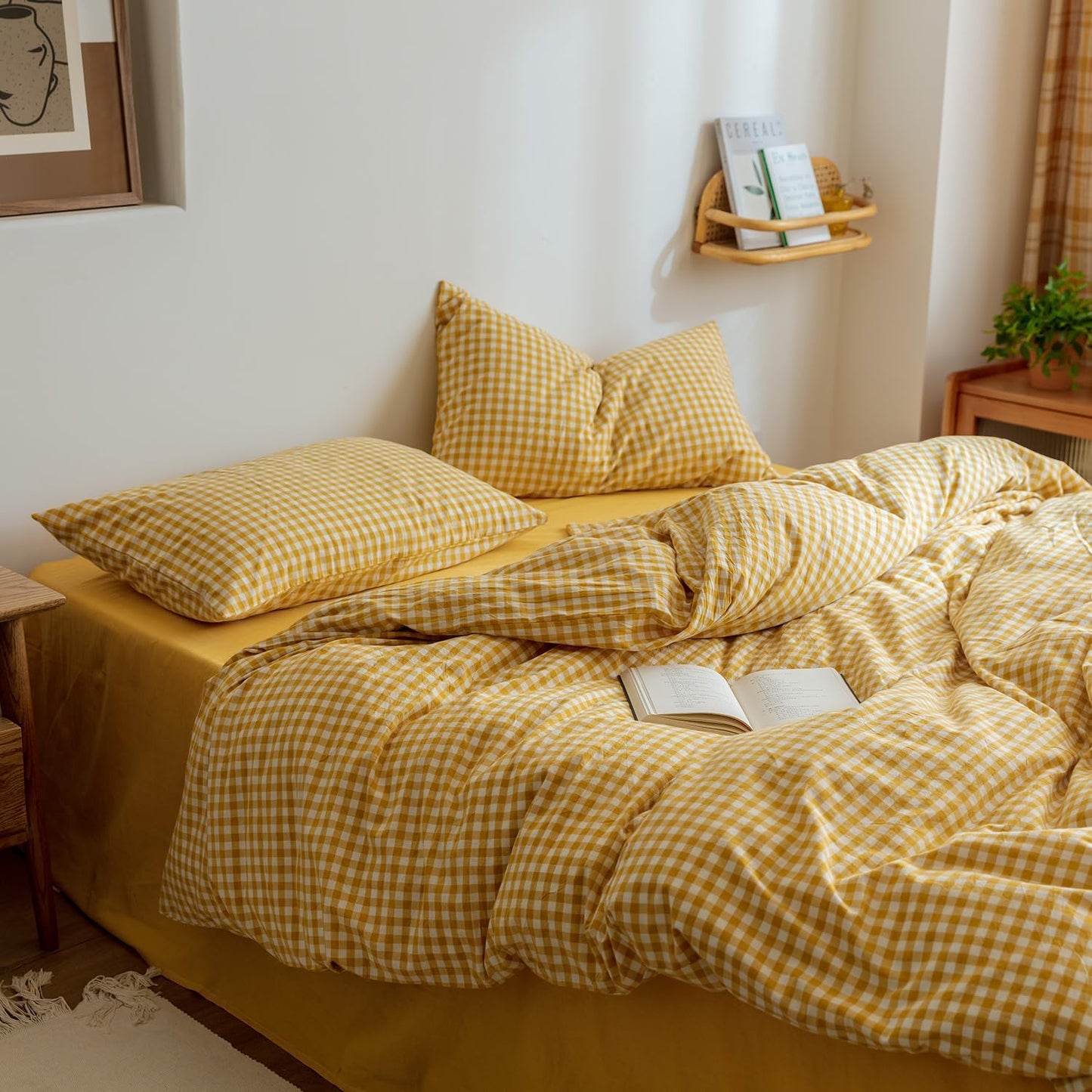 Yellow Gingham Comforter Set Full, Plaid Comforter Set 3 Pieces 1 Yellow Grid Comfoter with 2 Pillow Cases for All Seasons, Soft Fluffy Modern Grid Pattern Printed Bedding-Full Size