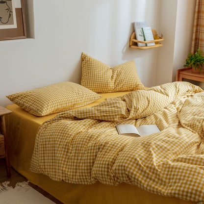 Yellow Gingham Comforter Set Full, Plaid Comforter Set 3 Pieces 1 Yellow Grid Comfoter with 2 Pillow Cases for All Seasons, Soft Fluffy Modern Grid Pattern Printed Bedding-Full Size