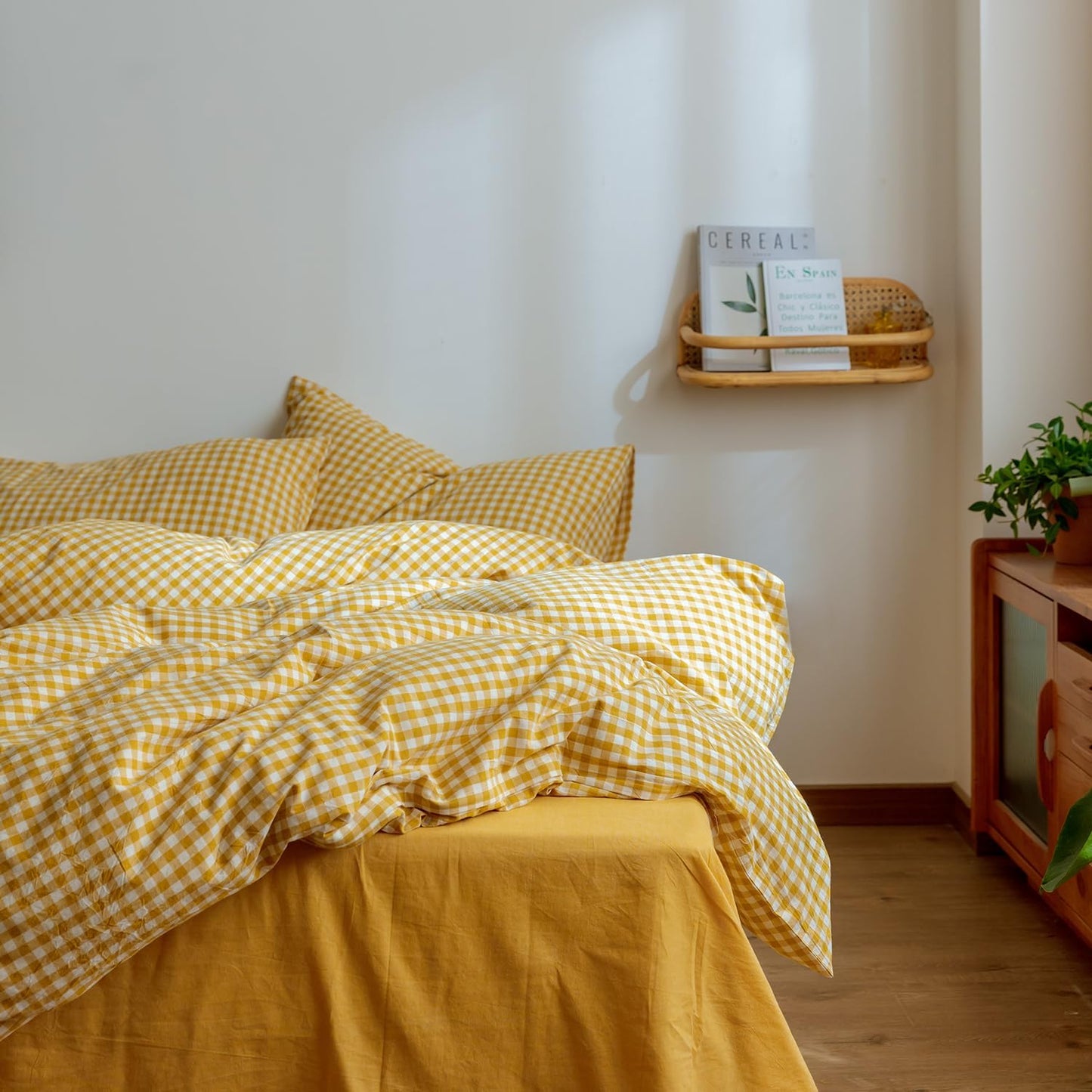Yellow Gingham Comforter Set Full, Plaid Comforter Set 3 Pieces 1 Yellow Grid Comfoter with 2 Pillow Cases for All Seasons, Soft Fluffy Modern Grid Pattern Printed Bedding-Full Size