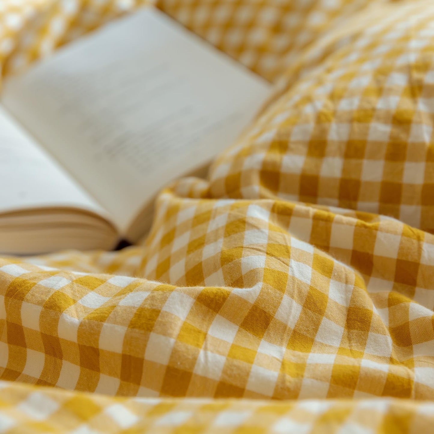 Yellow Gingham Comforter Set Full, Plaid Comforter Set 3 Pieces 1 Yellow Grid Comfoter with 2 Pillow Cases for All Seasons, Soft Fluffy Modern Grid Pattern Printed Bedding-Full Size