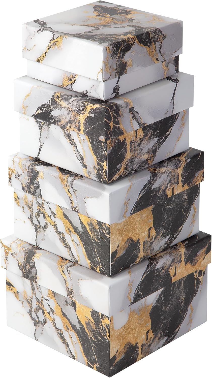 Square Gift Boxes with Lids 4pc Set | Gold Marble Nesting Gift Boxes for Presents Birthday Wedding Bridesmaid Christmas