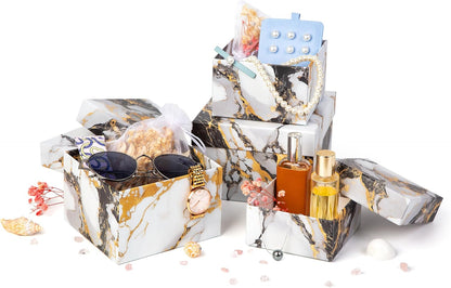Square Gift Boxes with Lids 4pc Set | Gold Marble Nesting Gift Boxes for Presents Birthday Wedding Bridesmaid Christmas