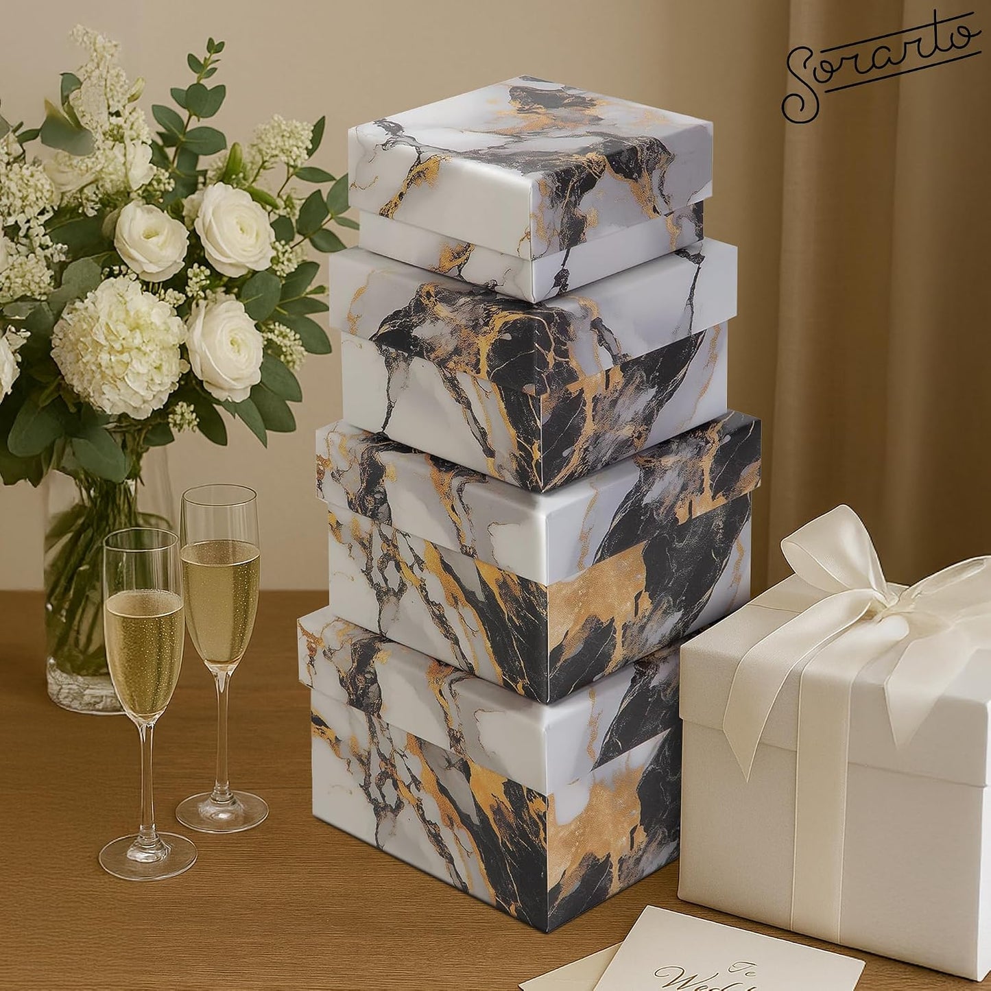 Square Gift Boxes with Lids 4pc Set | Gold Marble Nesting Gift Boxes for Presents Birthday Wedding Bridesmaid Christmas