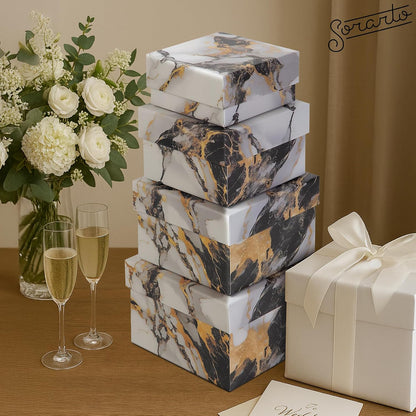 Square Gift Boxes with Lids 4pc Set | Gold Marble Nesting Gift Boxes for Presents Birthday Wedding Bridesmaid Christmas