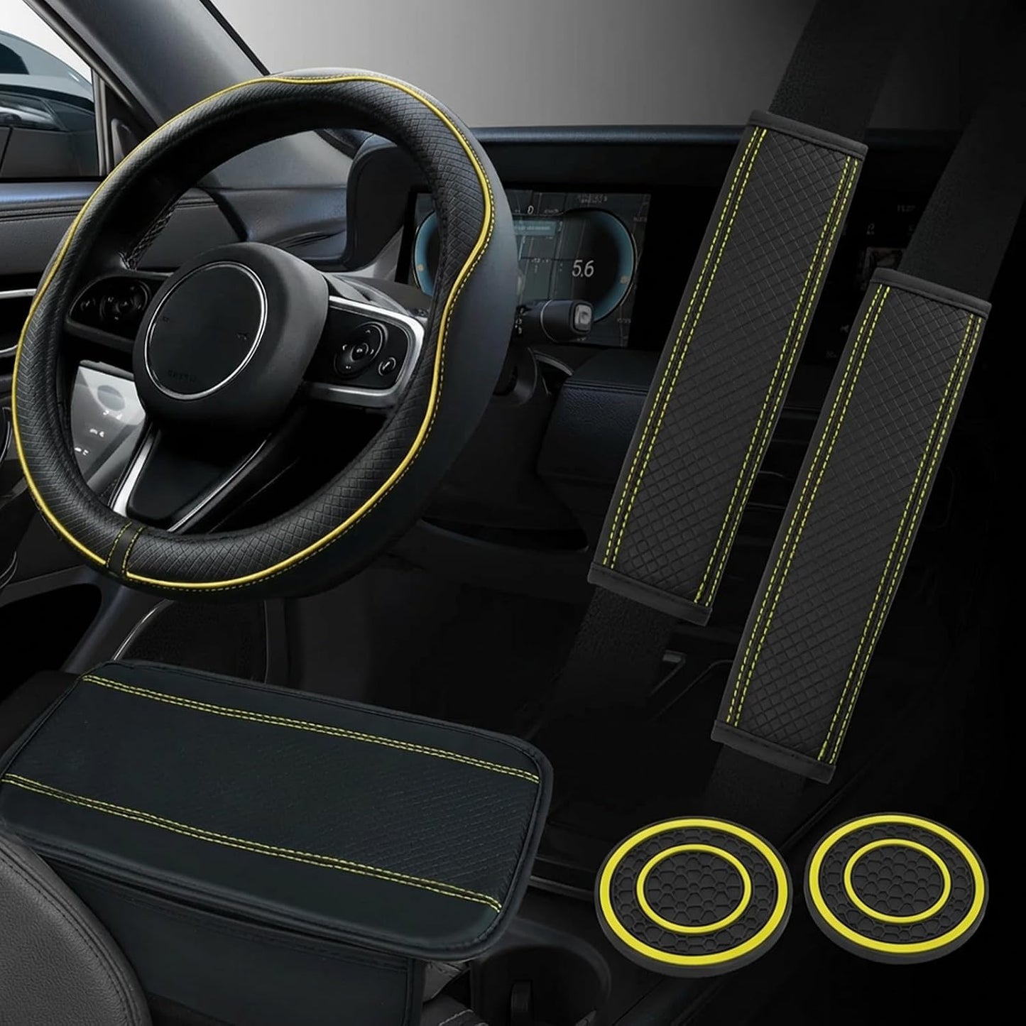 6PCS Car Steering Wheel Cover Set, 14.5-15 inch Leather Steering Wheel Cover w/Center Console Armrest Pad, Seat Belt Cushion Pads, Cup Holder Coasters, Car Accessories Set (Black+Yellow)