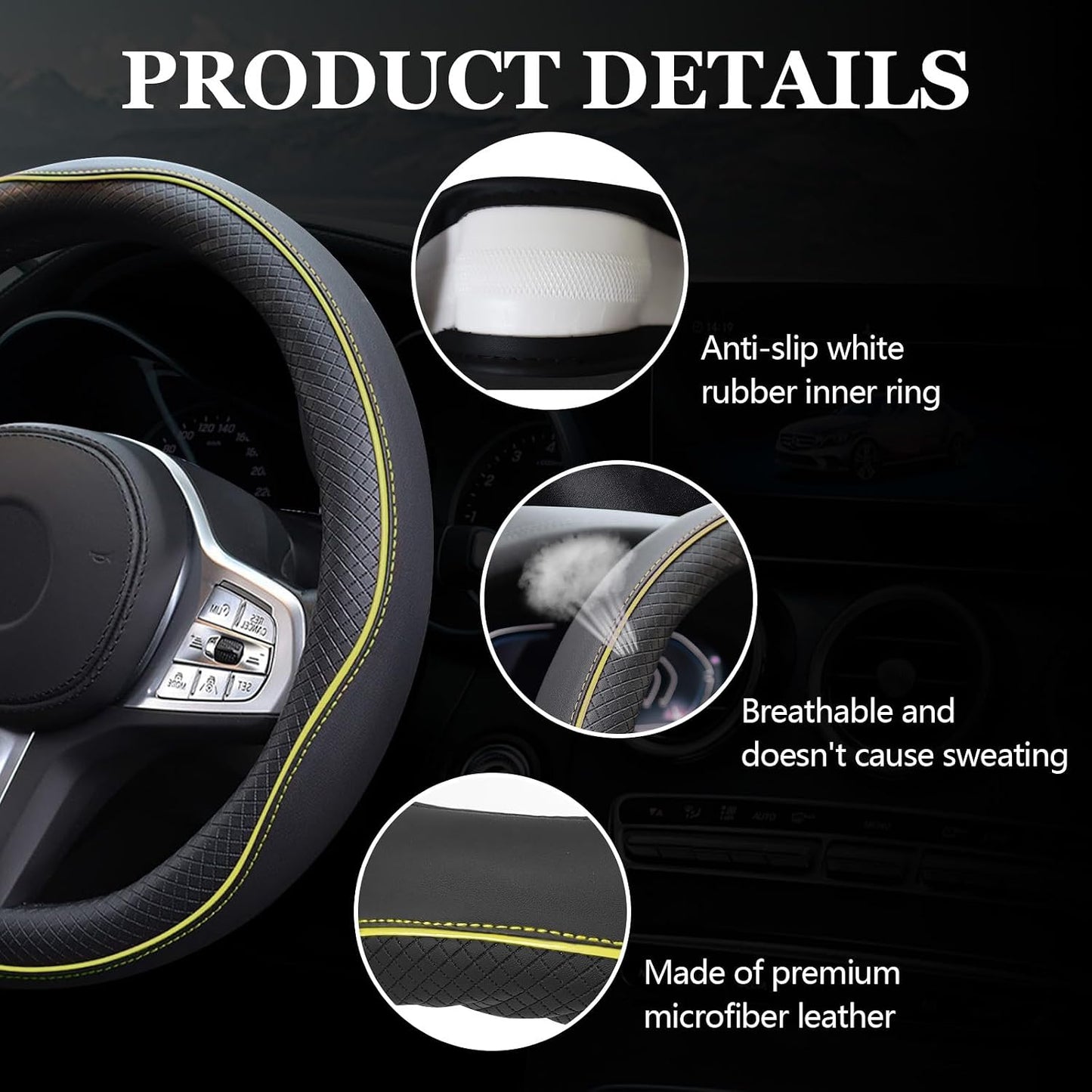 6PCS Car Steering Wheel Cover Set, 14.5-15 inch Leather Steering Wheel Cover w/Center Console Armrest Pad, Seat Belt Cushion Pads, Cup Holder Coasters, Car Accessories Set (Black+Yellow)