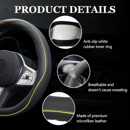 6PCS Car Steering Wheel Cover Set, 14.5-15 inch Leather Steering Wheel Cover w/Center Console Armrest Pad, Seat Belt Cushion Pads, Cup Holder Coasters, Car Accessories Set (Black+Yellow)