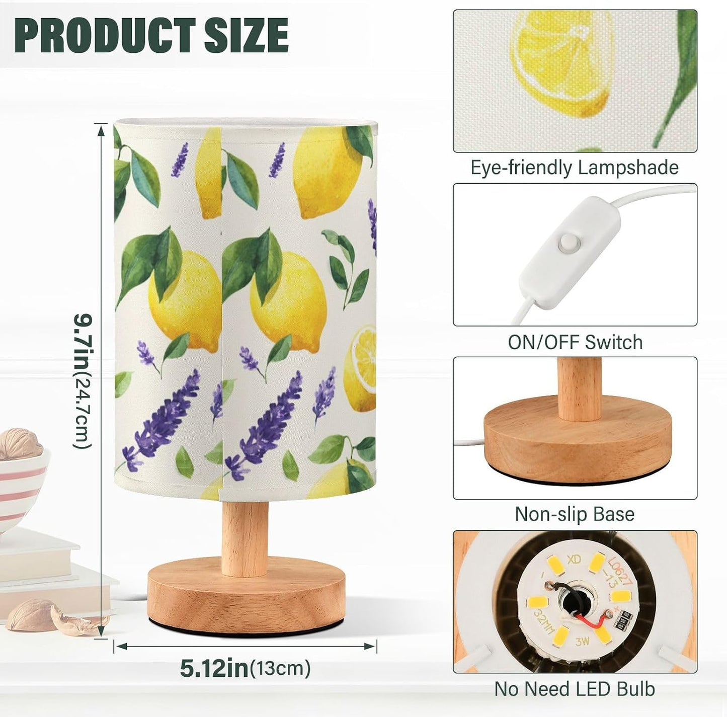 Bedside Table Lamp Lemon Yellow Citrus Fruits (71) Kids Nightstand Lamp Night Light Fabric Shade for Bedroom Living Room Home Office
