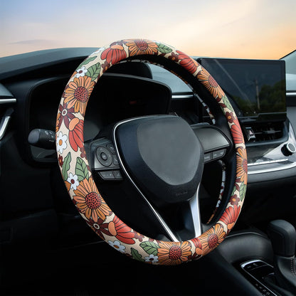 Sunflower Retro Steering Wheel Cover Auto Jacquard Steering Wheel Protector, Anti-Slip, Breathable, Absorbing Sweat, Universal Car Accessories 14.5–15 inch,Fit for Most Car, Trucks, SUV