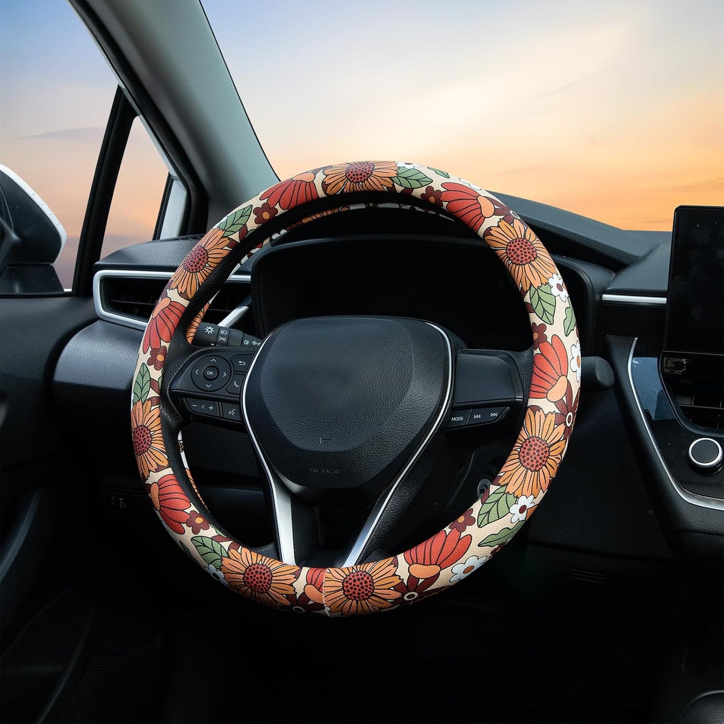 Sunflower Retro Steering Wheel Cover Auto Jacquard Steering Wheel Protector, Anti-Slip, Breathable, Absorbing Sweat, Universal Car Accessories 14.5–15 inch,Fit for Most Car, Trucks, SUV