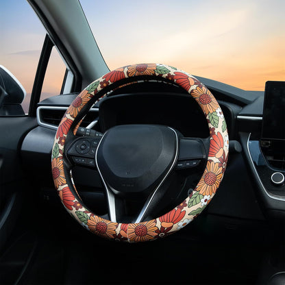 Sunflower Retro Steering Wheel Cover Auto Jacquard Steering Wheel Protector, Anti-Slip, Breathable, Absorbing Sweat, Universal Car Accessories 14.5–15 inch,Fit for Most Car, Trucks, SUV
