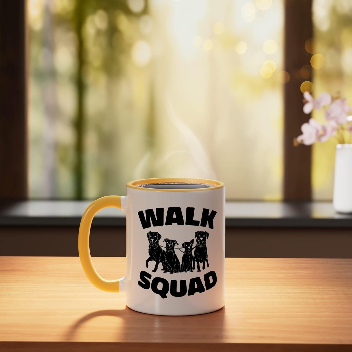 Walking Squad Pet Care - Exercise Dog Walker Ceramic Mug, Yellow/White