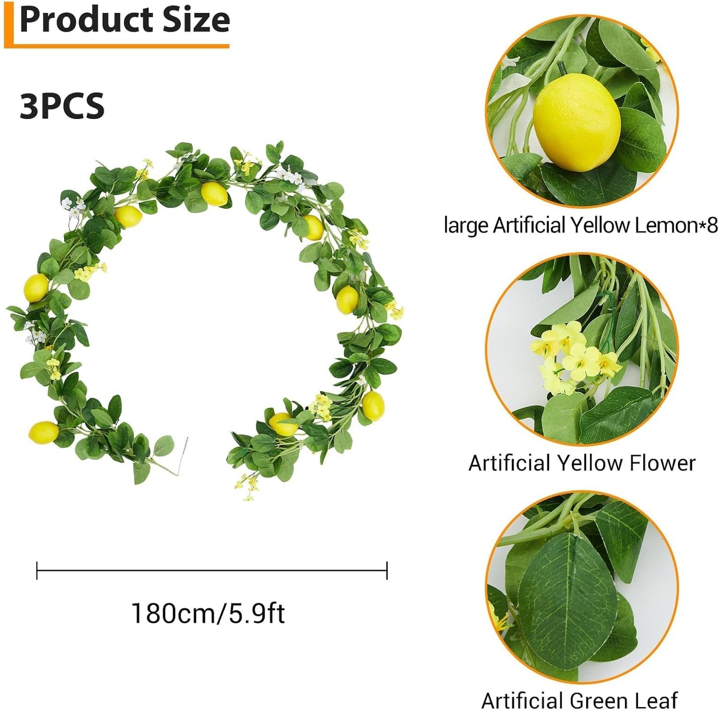 3 Pcs 6.56 ft Artificial Lemon Garland, Spring Summer Greenery Vines Garland with Lemons, Flowers & Green Leaves, Decorative Fake Fruit Vines for Wedding Wall Mantle Table Home Party Decor