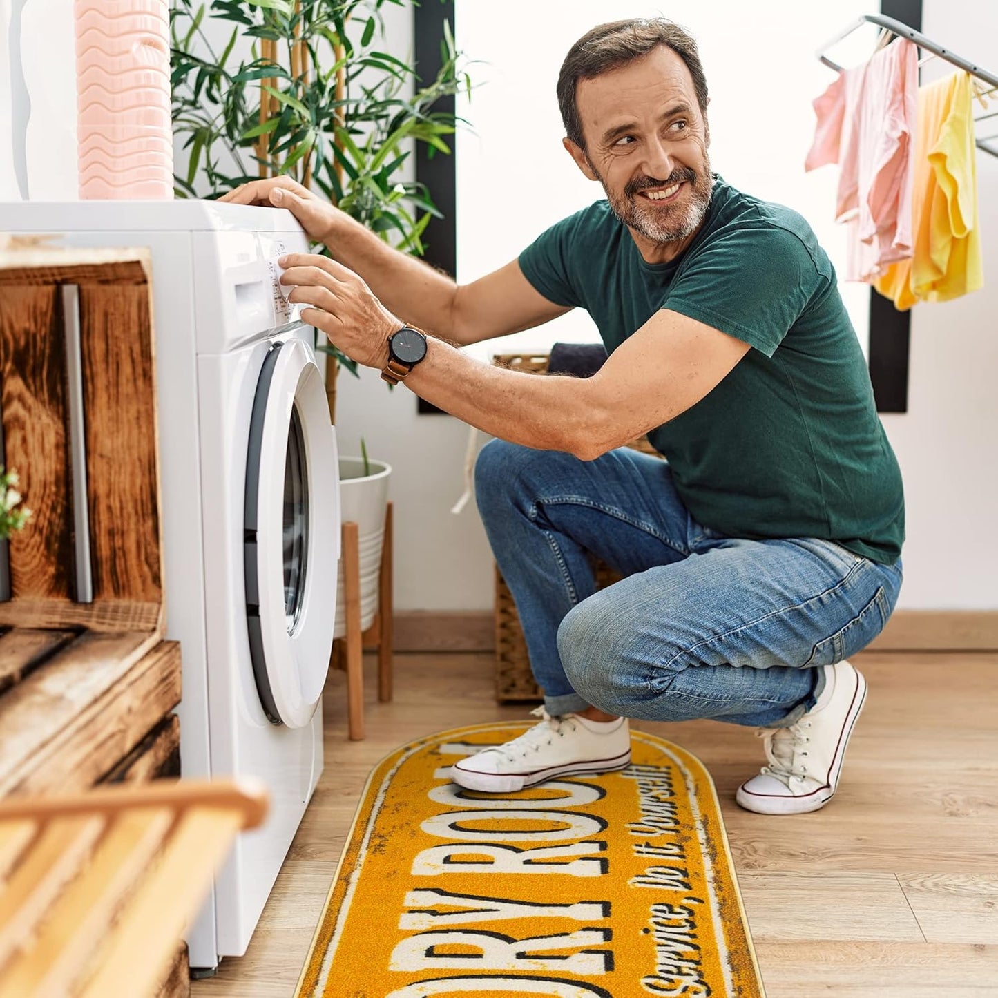 20" x 59" Oval Laundry Room Rug - Non-Slip Mat for Laundry & Mudroom - Durable, Stain-Resistant, and Easy to Clean Perfect for High-Traffic Areas - Runner Rug for Entryway Bathroom, Yellow