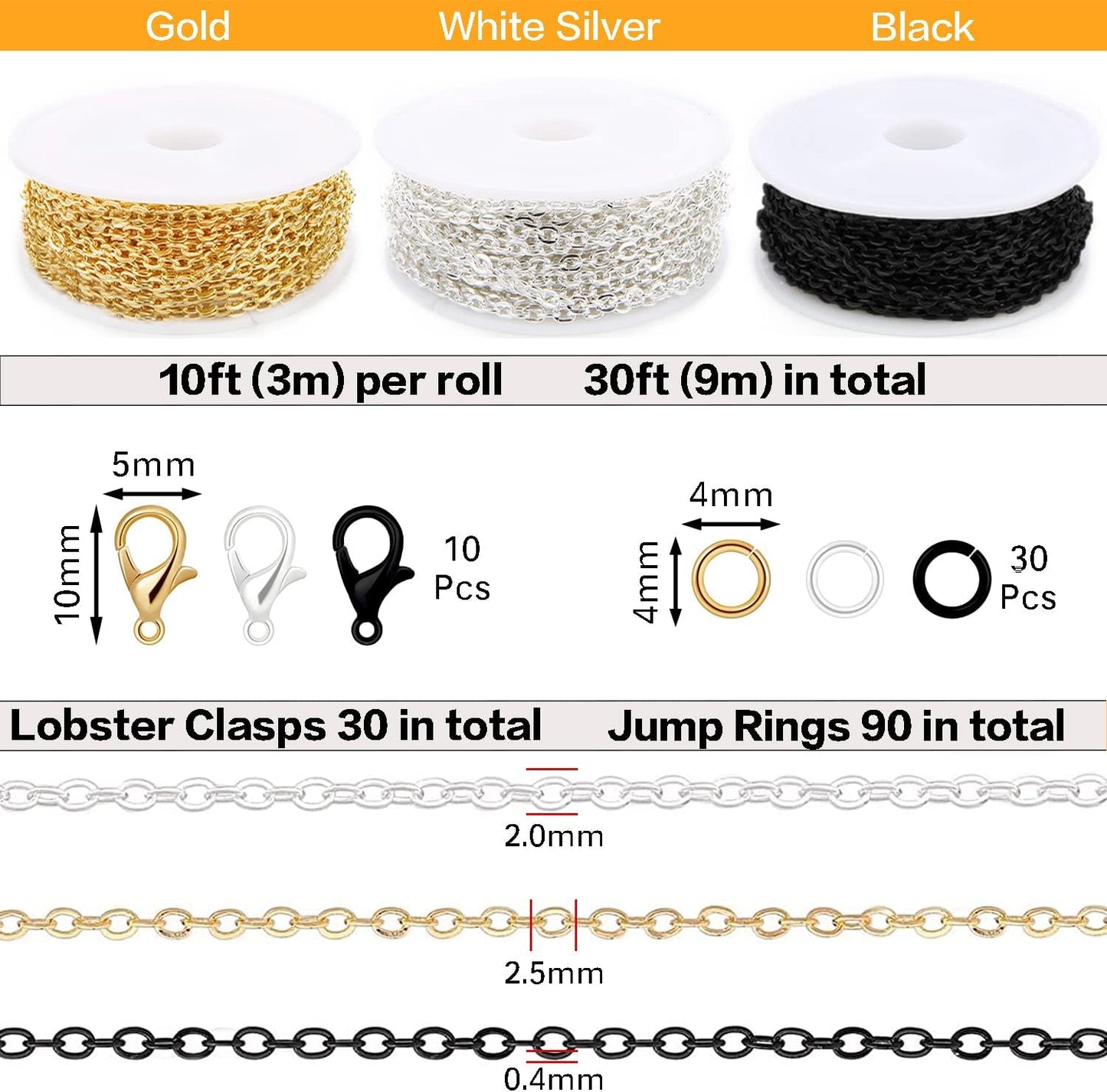 33ft Gold Chain for Jewelry Making Non-Tarnish 18K Gold Plated Stainless Steel Jewelry Chain for Jewelry Making Findings Supplies for Valentines Day Necklaces Earrings Bracelets DIY Crafts - 2mm Links