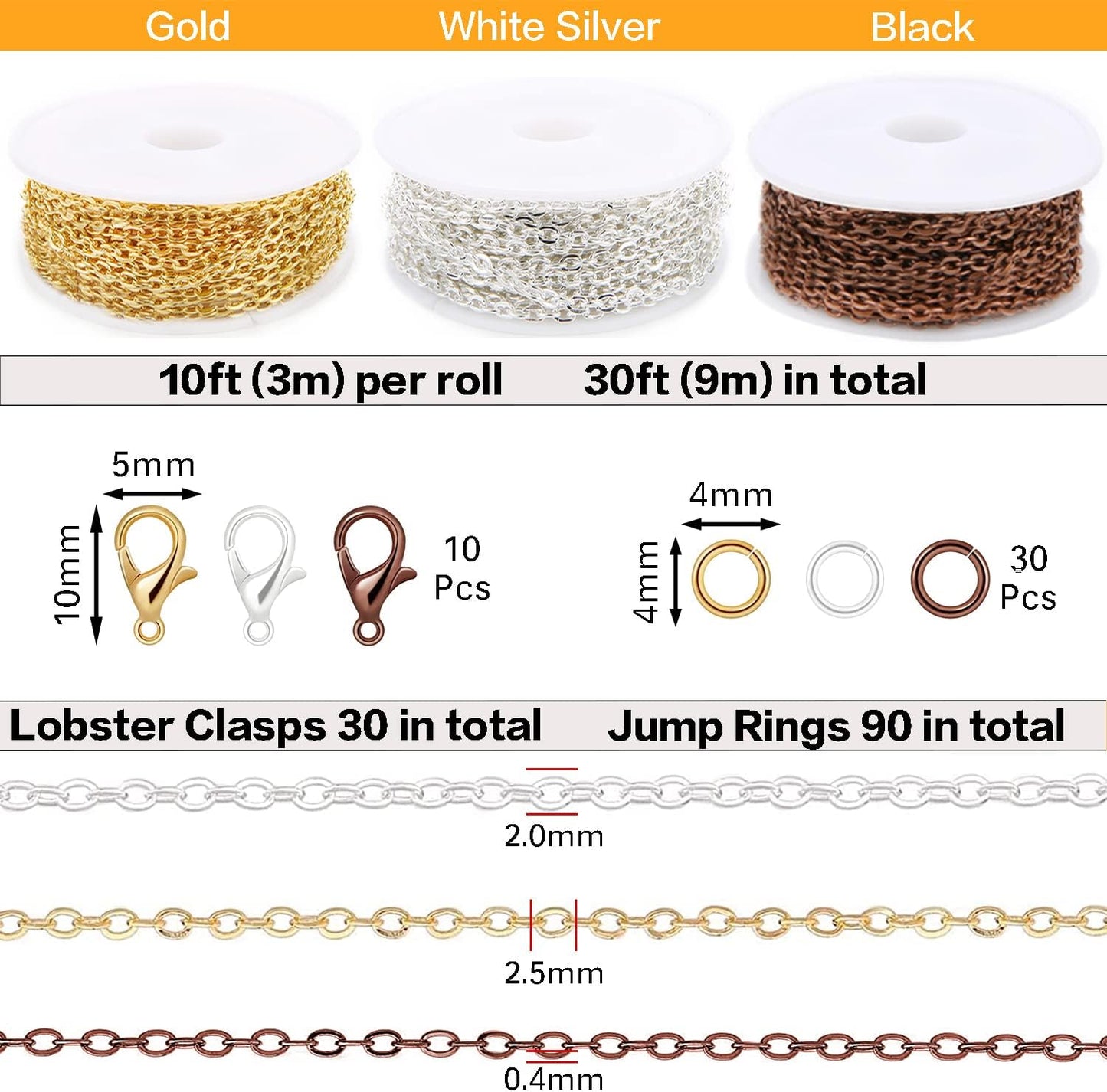 33ft Gold Chain for Jewelry Making Non-Tarnish 18K Gold Plated Stainless Steel Jewelry Chain for Jewelry Making Findings Supplies for Valentines Day Necklaces Earrings Bracelets DIY Crafts - 2mm Links
