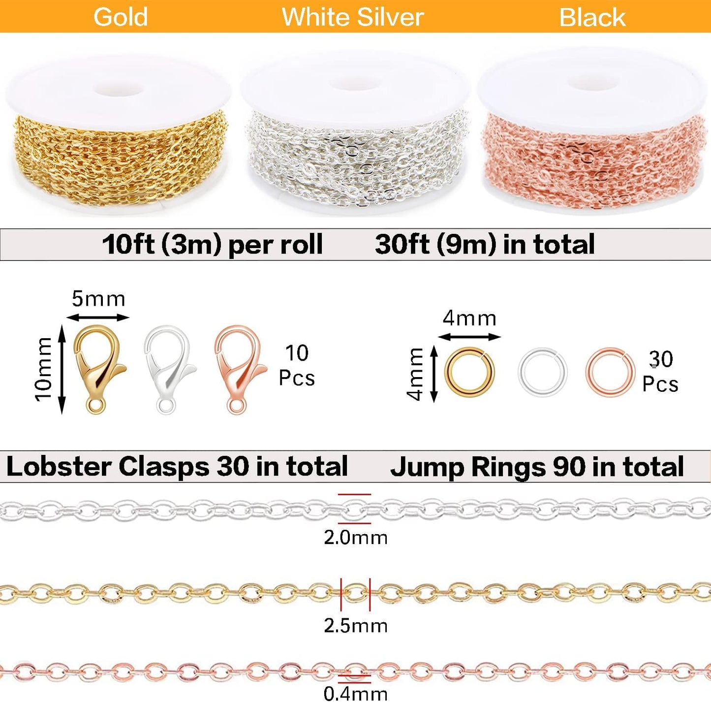 33ft Gold Chain for Jewelry Making Non-Tarnish 18K Gold Plated Stainless Steel Jewelry Chain for Jewelry Making Findings Supplies for Valentines Day Necklaces Earrings Bracelets DIY Crafts - 2mm Links