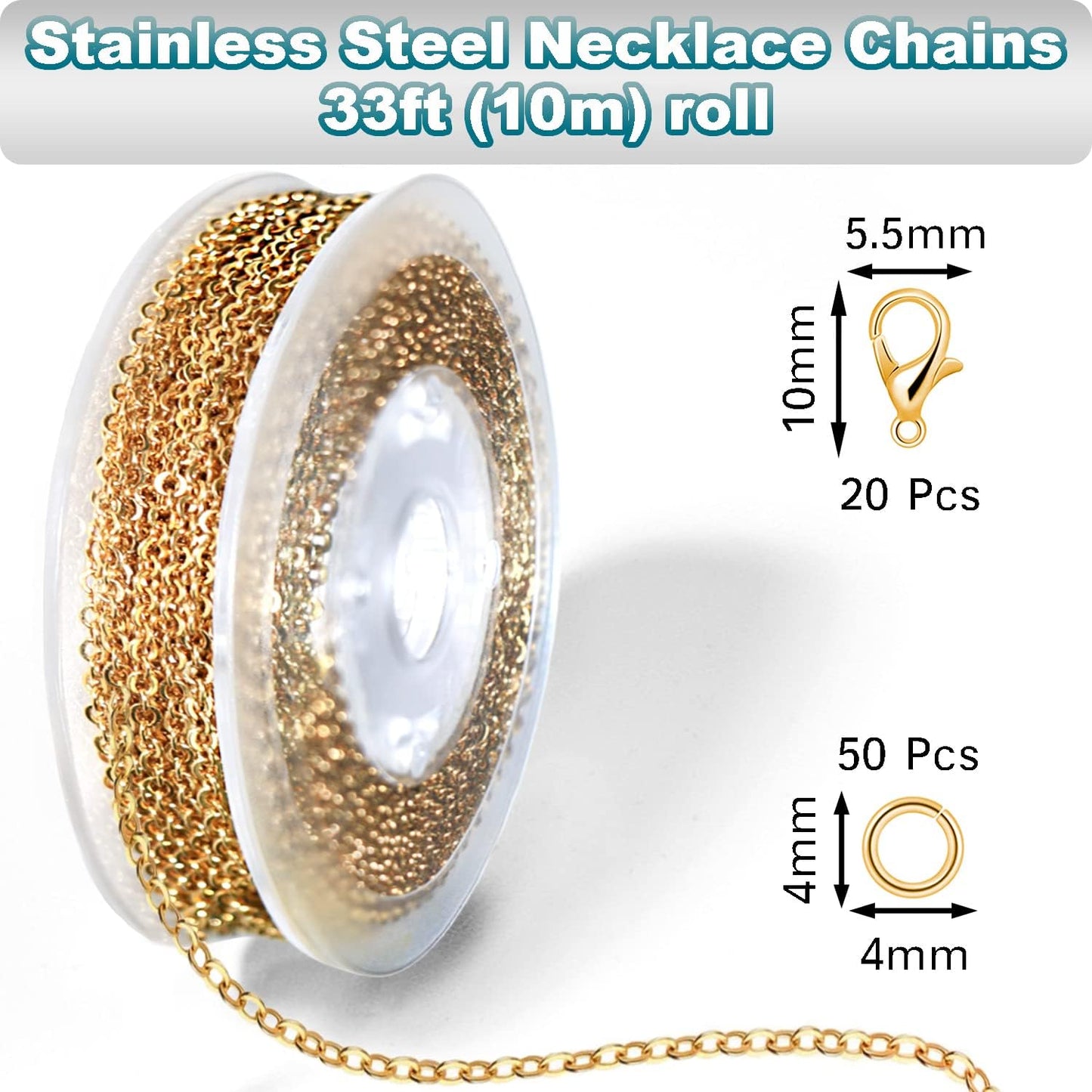 33ft Gold Chain for Jewelry Making Non-Tarnish 18K Gold Plated Stainless Steel Jewelry Chain for Jewelry Making Findings Supplies for Valentines Day Necklaces Earrings Bracelets DIY Crafts - 2mm Links