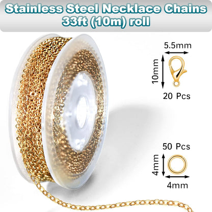 33ft Gold Chain for Jewelry Making Non-Tarnish 18K Gold Plated Stainless Steel Jewelry Chain for Jewelry Making Findings Supplies for Valentines Day Necklaces Earrings Bracelets DIY Crafts - 2mm Links