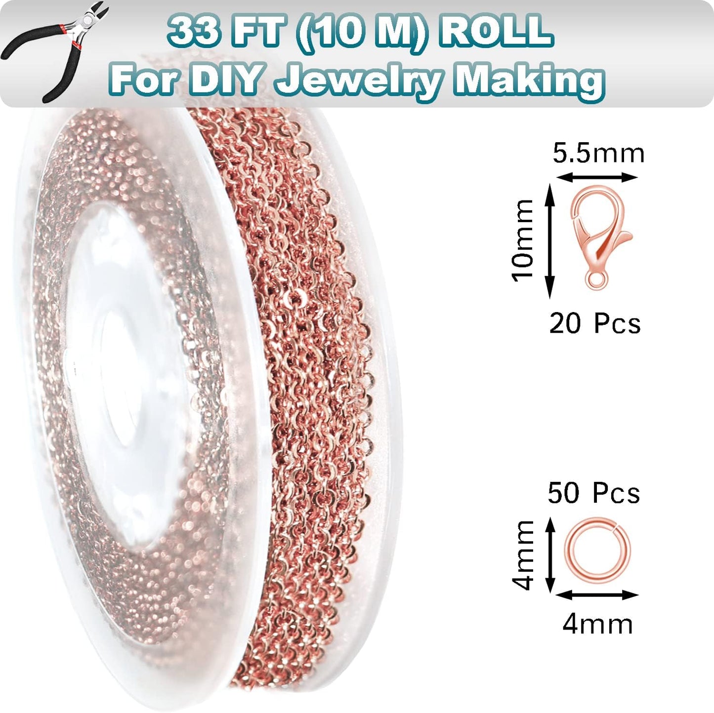 33ft Gold Chain for Jewelry Making Non-Tarnish 18K Gold Plated Stainless Steel Jewelry Chain for Jewelry Making Findings Supplies for Valentines Day Necklaces Earrings Bracelets DIY Crafts - 2mm Links
