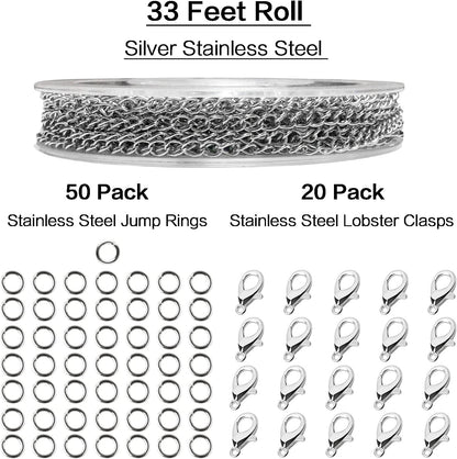 33ft Gold Chain for Jewelry Making Non-Tarnish 18K Gold Plated Stainless Steel Jewelry Chain for Jewelry Making Findings Supplies for Valentines Day Necklaces Earrings Bracelets DIY Crafts - 2mm Links