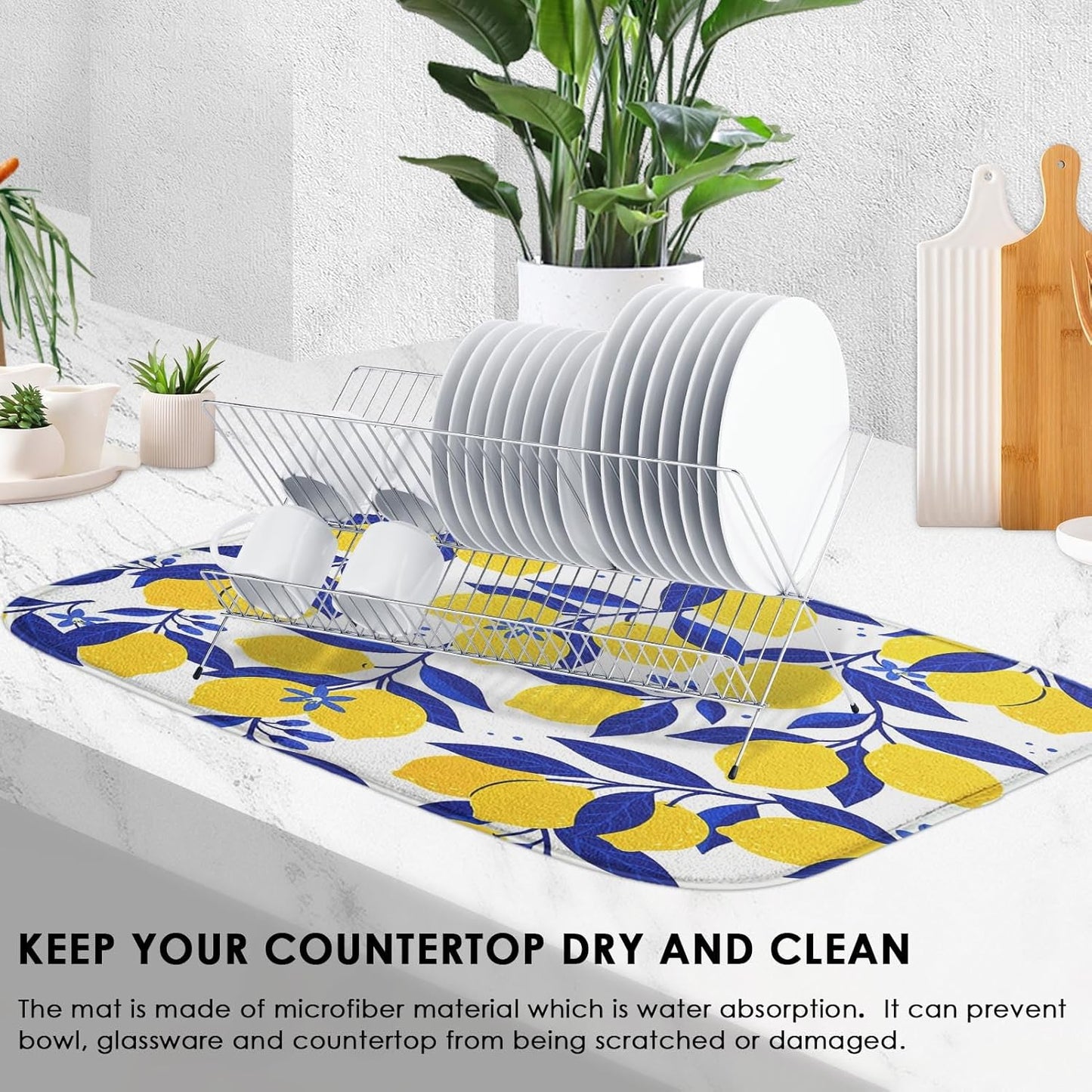 Sanwarm Absorbent Dish Drying Mat, Summer Tropical Yellow Lemons Fruit Microfiber Pad for Kitchen Counter, Coffee Bar Decor, Heat Resistant and Reversible, 16" x 18"